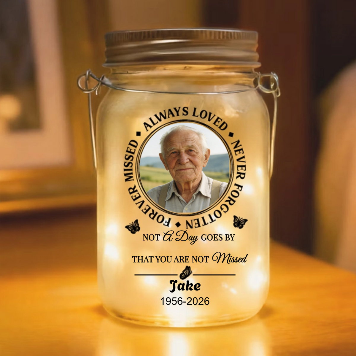 Personalised Photo Butterfly Design LED Mason Jar Light with Name and Year Room Decor Memorial Gift for Loss of Loved Ones