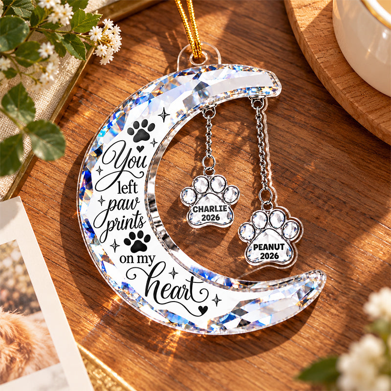 Personalized Acrylic Ornament, Faceted Moon & Paw Memorial on an Evergreen, Unique Gift for Pet Owners