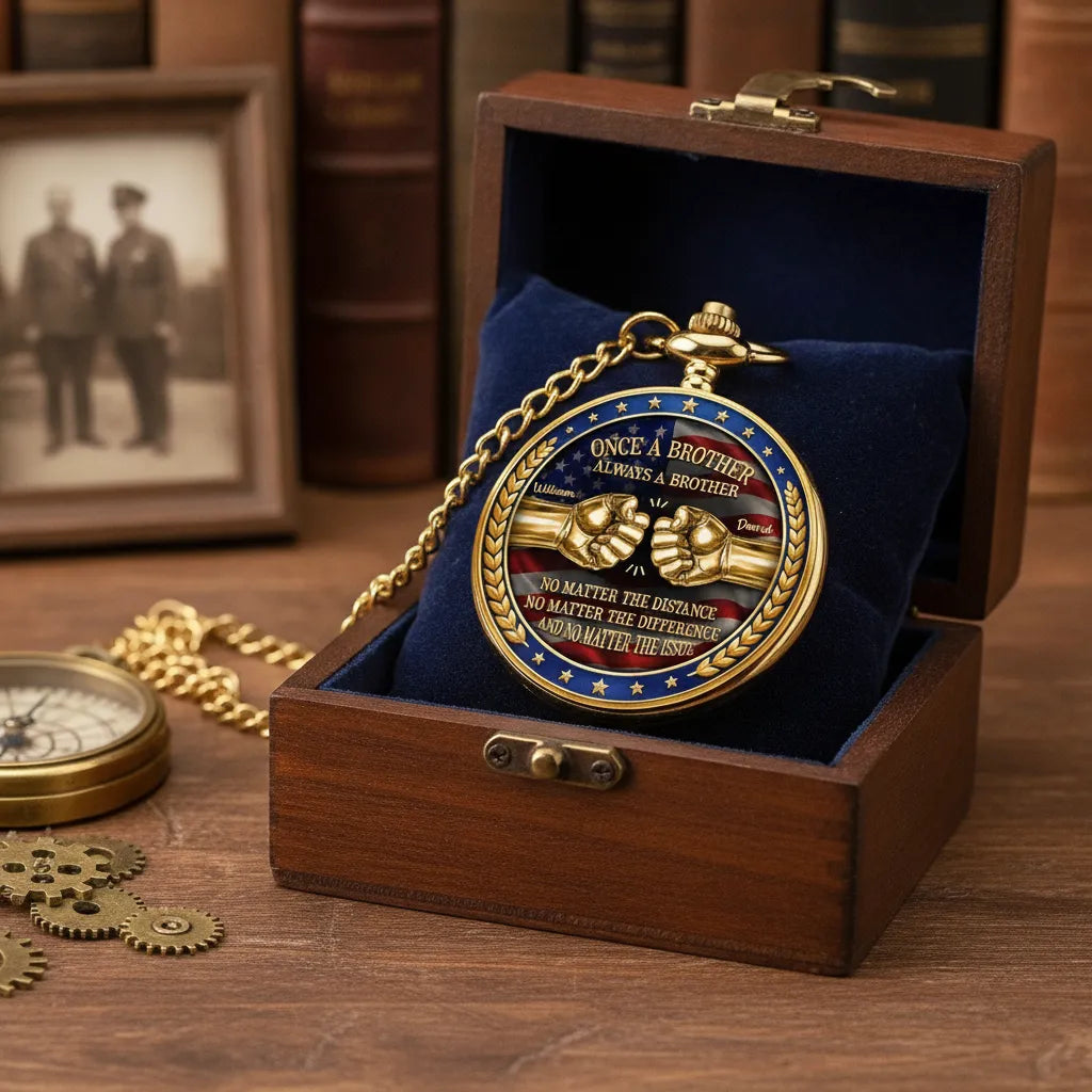 3D Metal Effect Stars & Stripes Once A Brother Always A Brother - Personalized Pocket Watch
