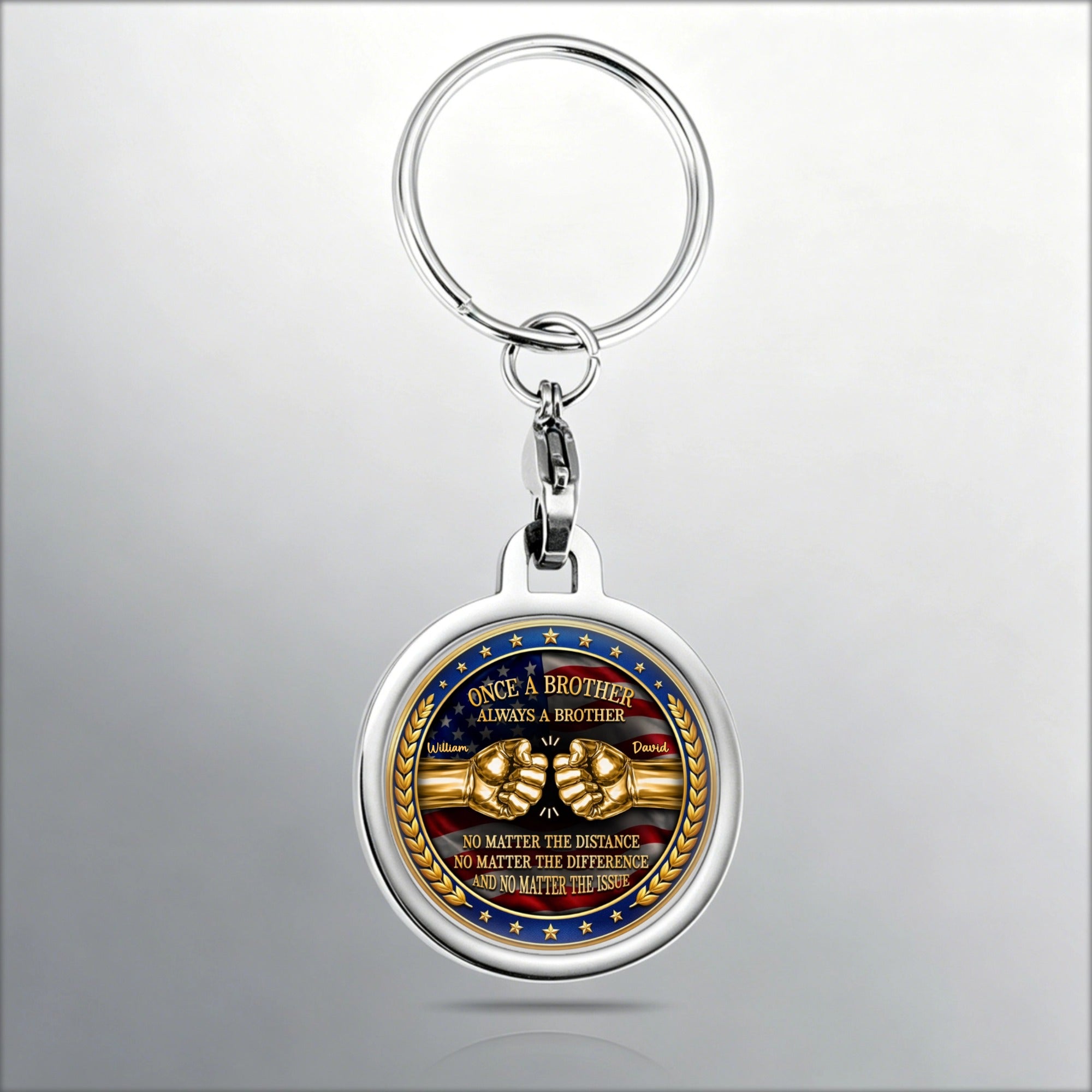 Personalized Keychain With 3D Metal Star-Spangled Banner Engraved With Slogan “Once Brothers, Always Brothers”