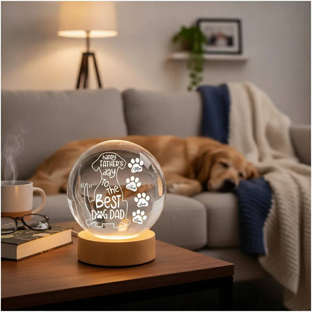 An Earth Globe Desk Lamp With Personalized Dog Names, Featuring A Warm Paw Print Design. A Unique Father's Day Gift For The Dog Father In Your Life