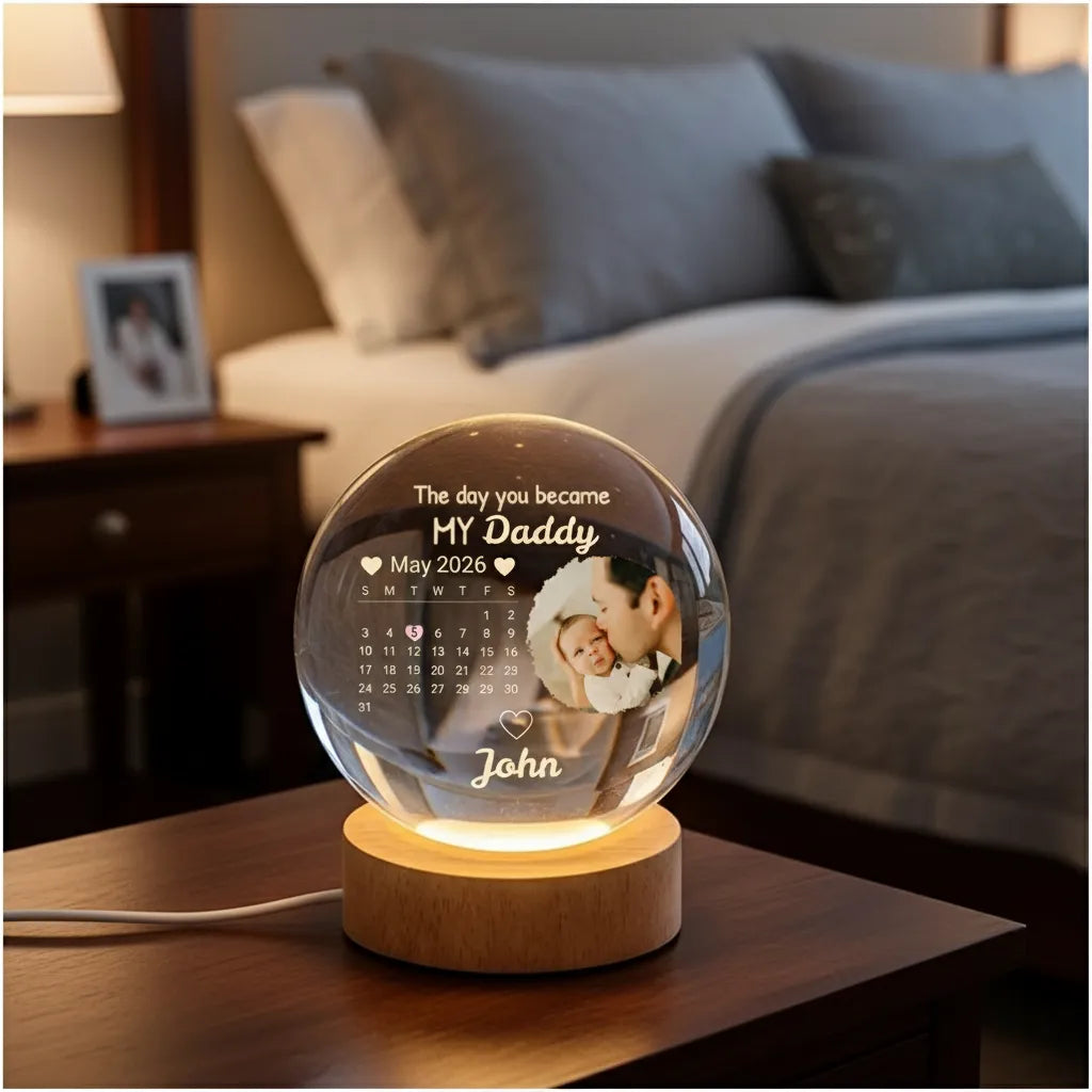 A Personalized "The Day You Became My Dad & Mom" Photo Calendar Crystal Ball Night Light – The Most Unique Gift For Parents And Family
