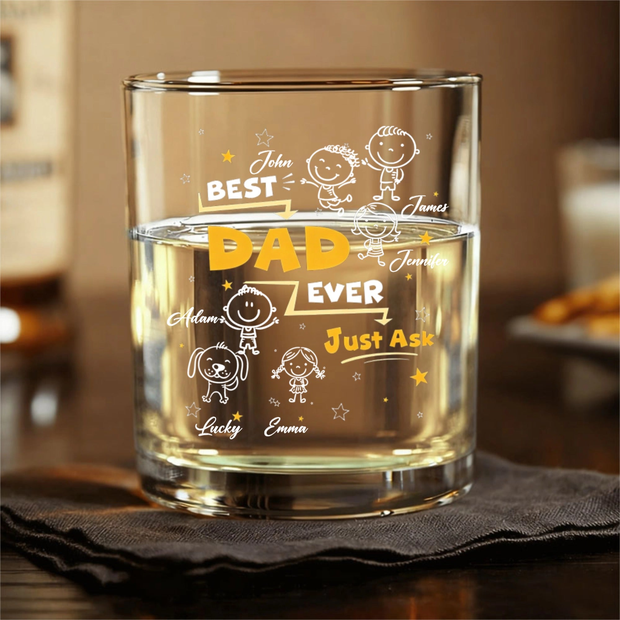 The Best Personalized Custom-Made Dad's Whisky Glass, Decorated With Children's Doodle Patterns. It Is A Creative Gift For Fathers, Grandfathers And Family Members