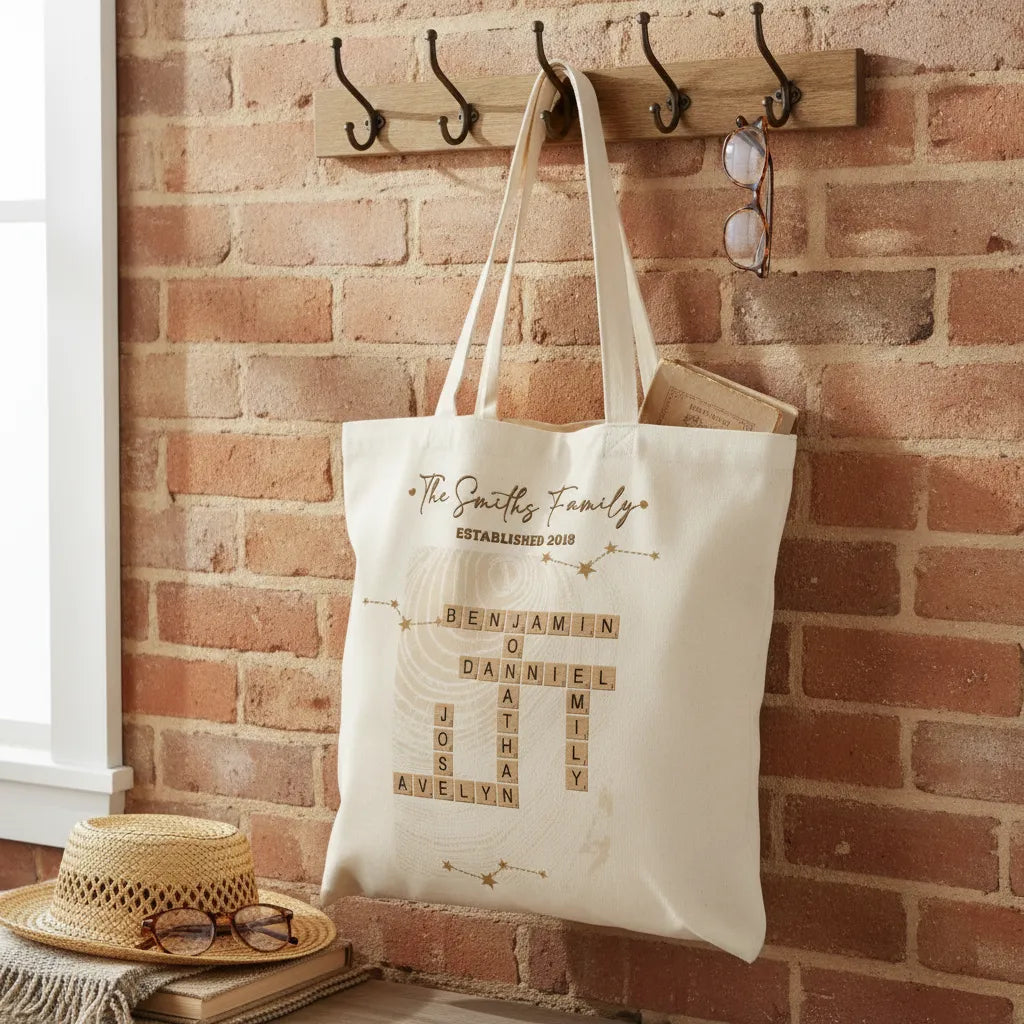 Personalized Family Crossword Pattern Design, Custom Printed Canvas Tote Bag, The Perfect Gift For Family Members