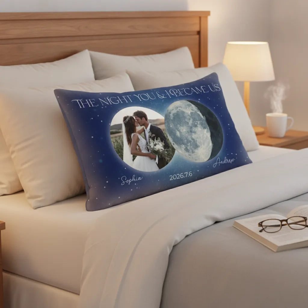 Custom Moon Phase Pillow – Personalized with Your Date, Names & Title, Perfect Gift for Couples