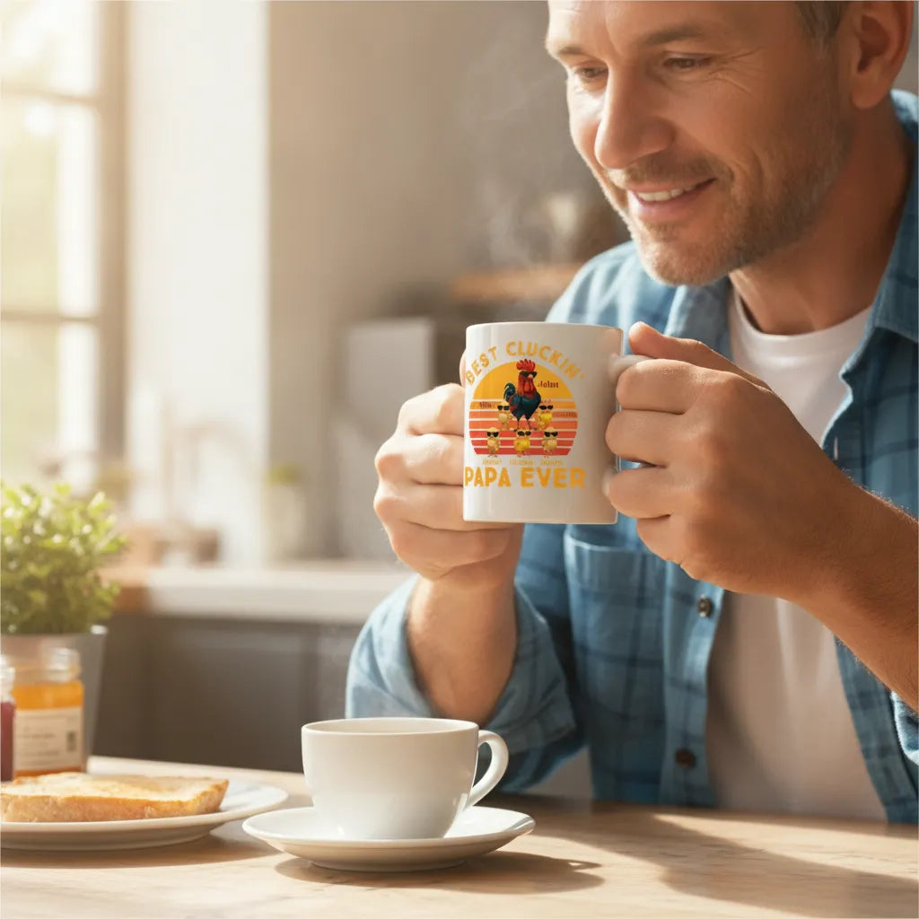Personalized Custom "Best Dad Ever" Mug, Featuring A Rooster Design Element. An Ideal Father's Day Gift For Your Father Or Grandfather