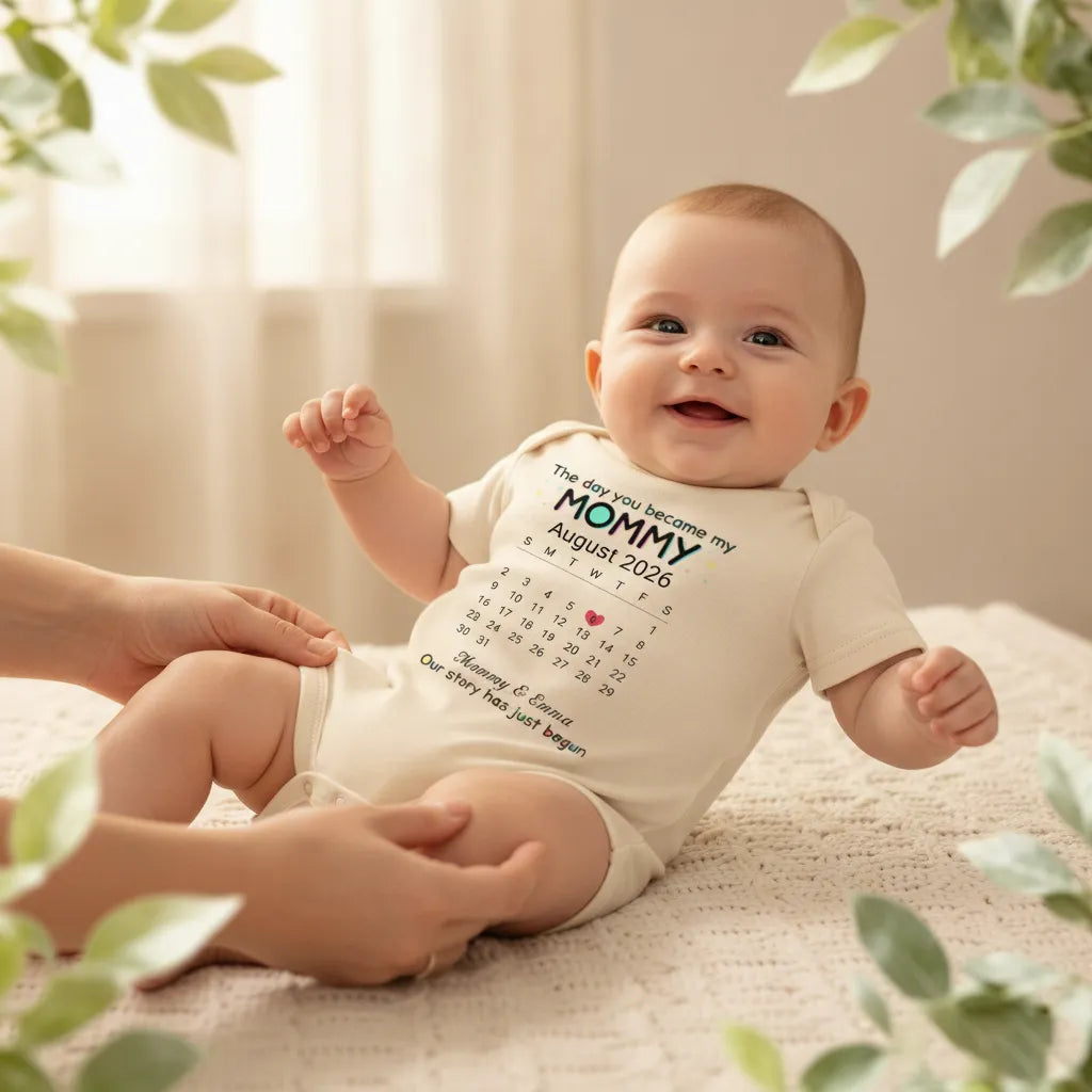 Custom Personalized Baby Onesie, Decorated with Calendar Pattern and Phrase "Our Story Has Just Begun", Thoughtful Sentimental Present for New Parents