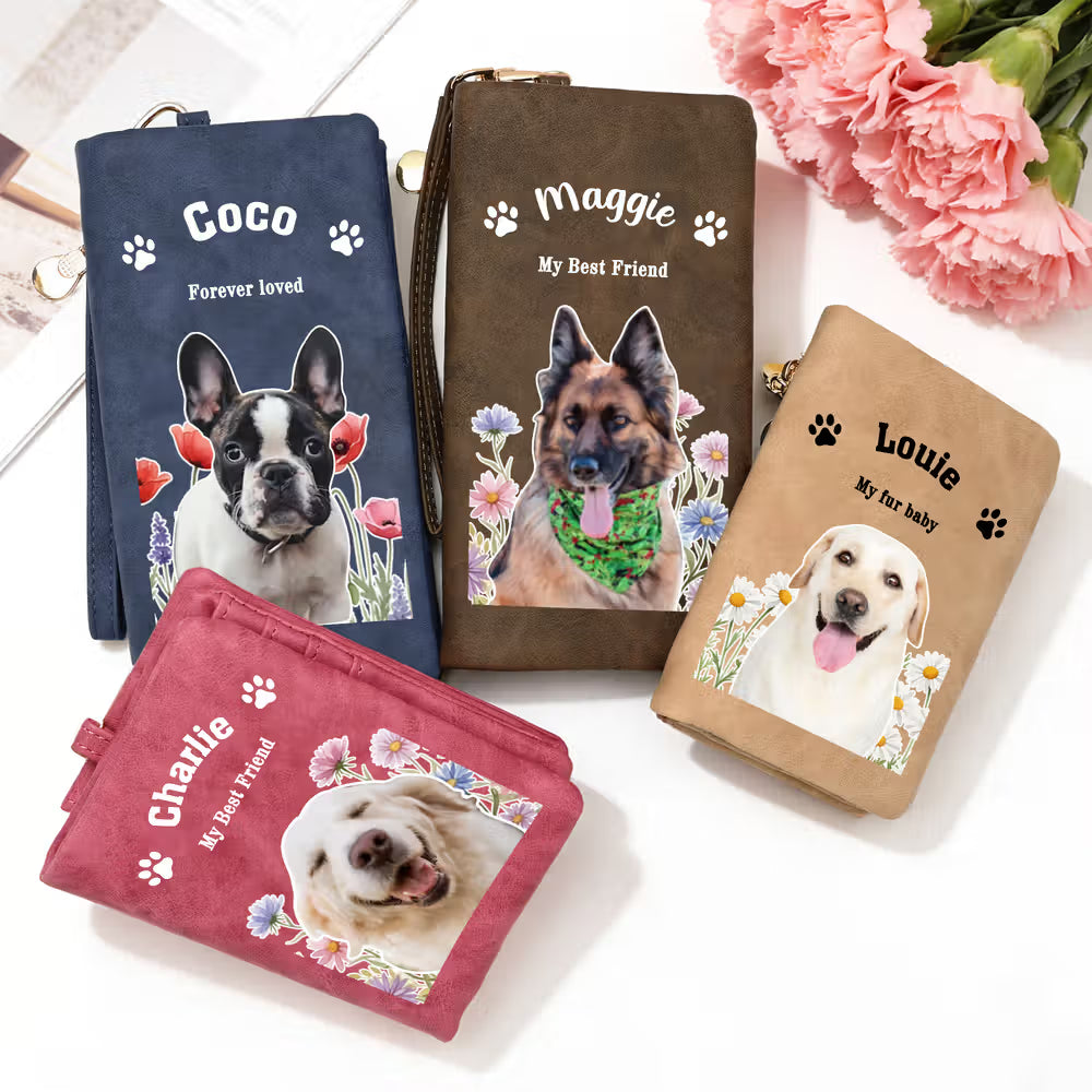Foldable Faux Leather Wallet, Customizable With Pet Photo, Birth Month Flower And Personalized Name; Practical Daily Birthday Gift, Perfect For Pet Lovers