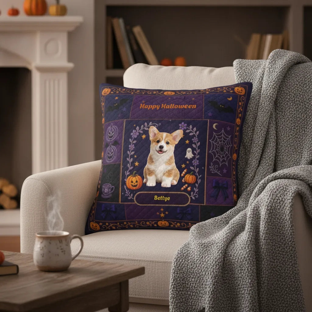 Personalized Halloween Pet Photo Pillow Cover, Retro Witch Design with Custom Name and Text, Cute Throw Pillow Case, Halloween Party Decor Gift for Pet Owners