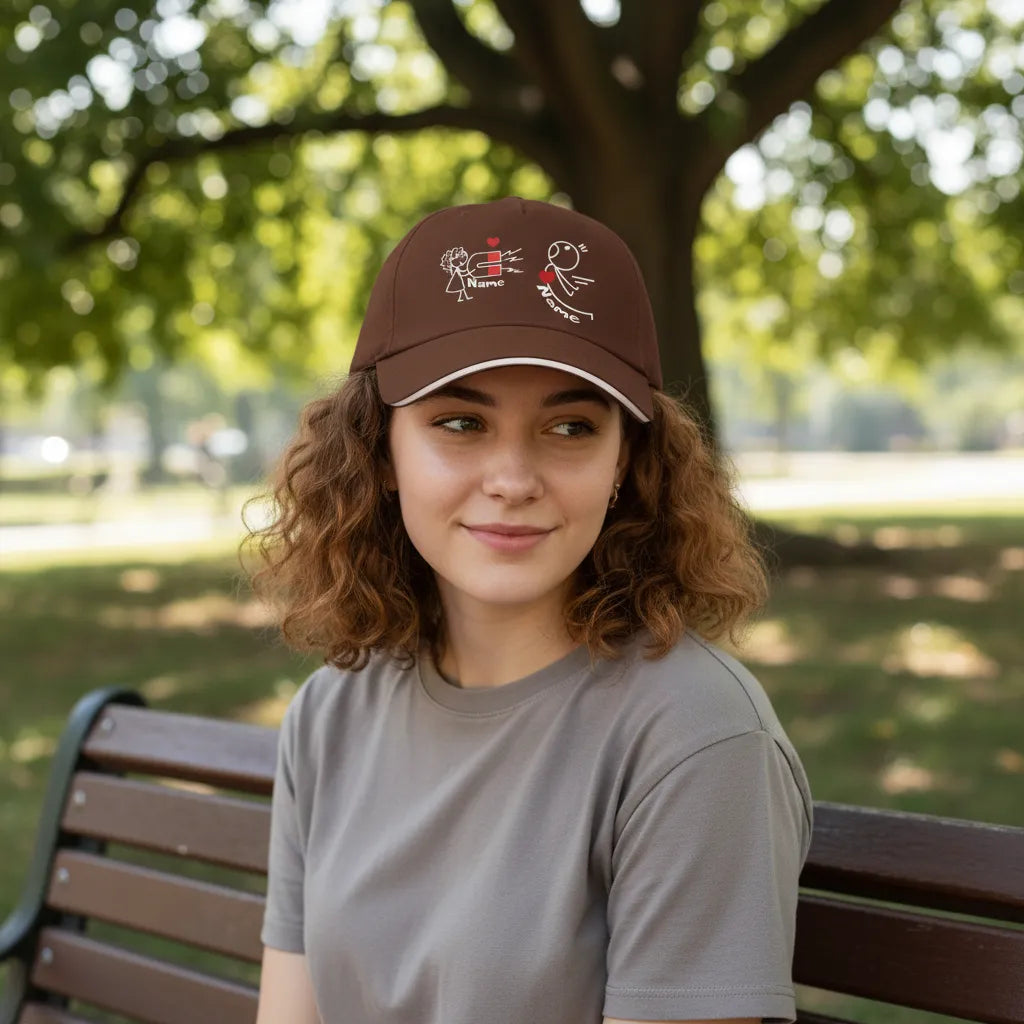 Personalized Love Magnet Stick Figure Baseball Cap Design, Customizable Couple Hat, The Perfect Gift For Lovers