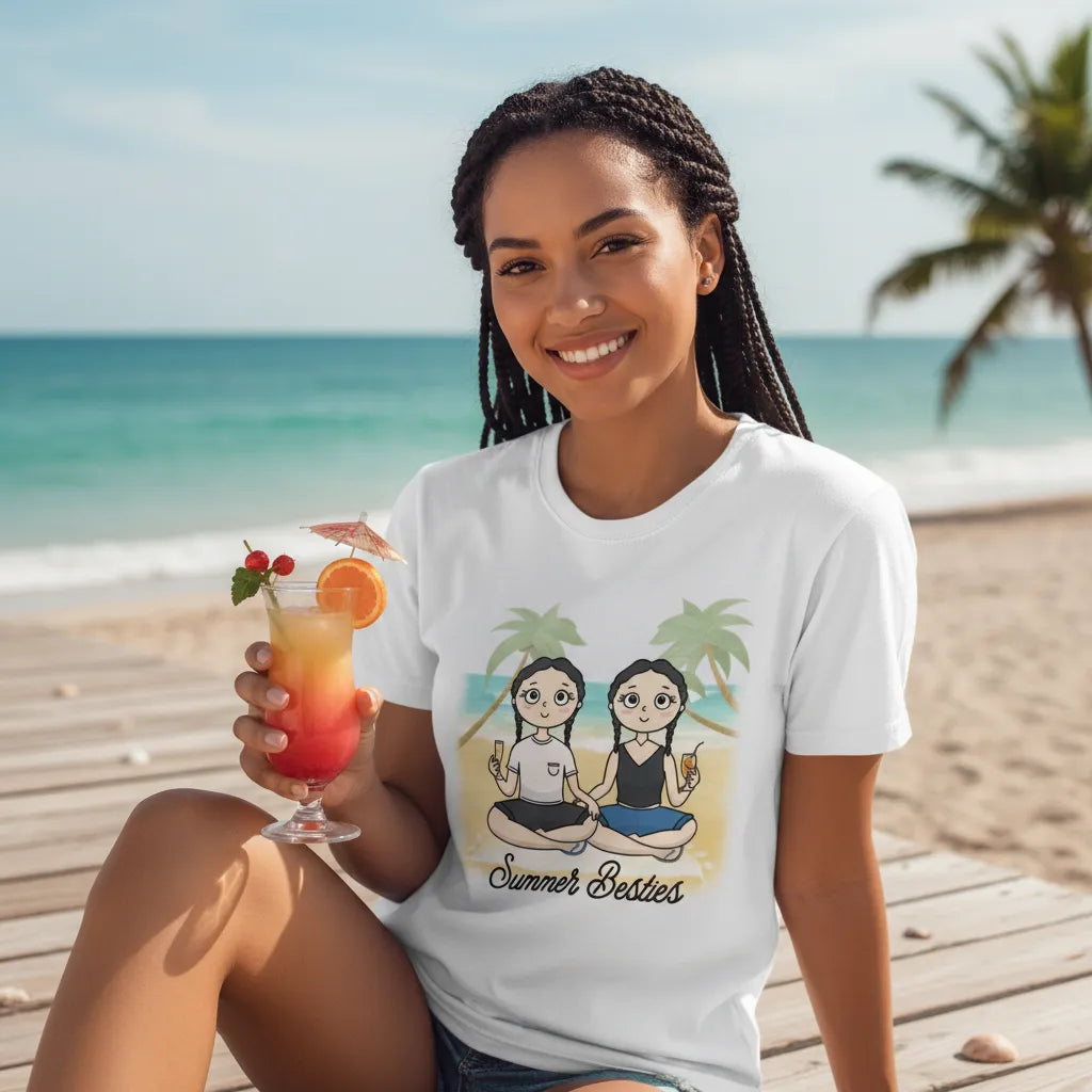 Summer Besties Personalized Character & Name Unisex Cotton T-shirt for Bestie Match, Unique Gift for Friends or Daily Wear