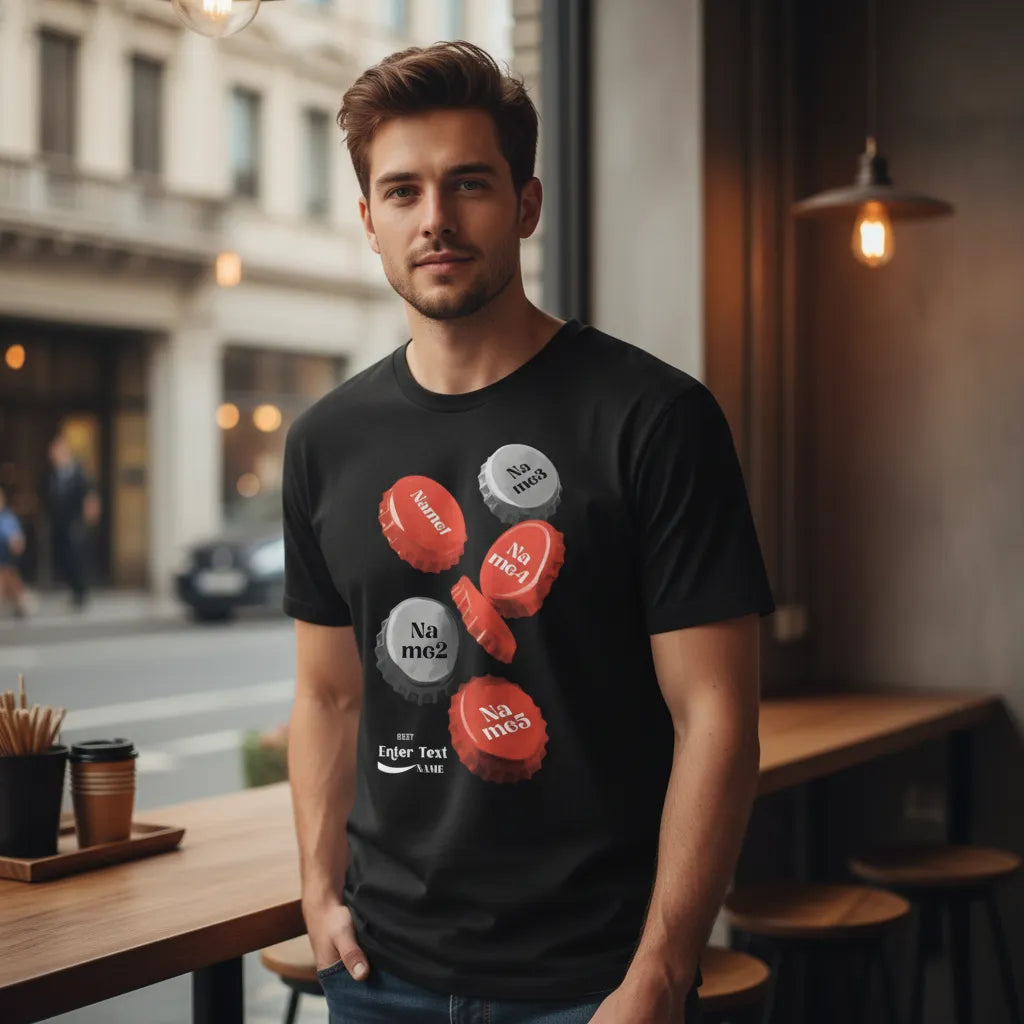 Personalized Bottle Cap Print Design, Custom Casual Short-Sleeve T-Shirt, An Excellent Gift for Family and Friends