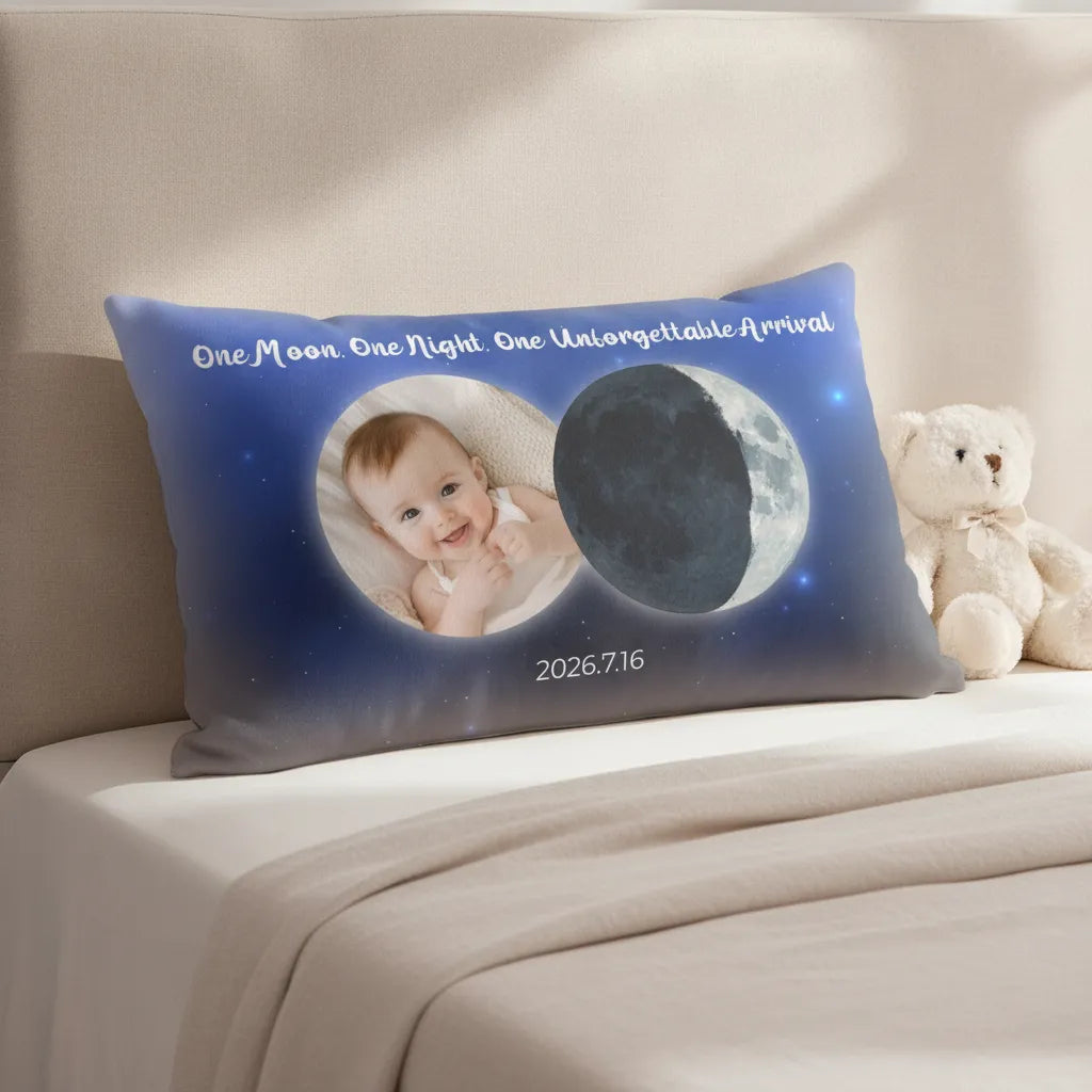 The Night One New Arrival Personalized Moon Phase Pillow, Custom with Photo, Name & Date, Perfect Gift for New Baby Celebration
