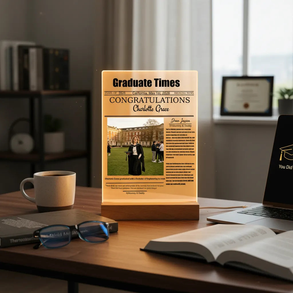 Personalized custom photos and school newspaper-style night lights, made of 3D illuminated acrylic material, are perfect gifts for friends and classmates who are about to graduate.