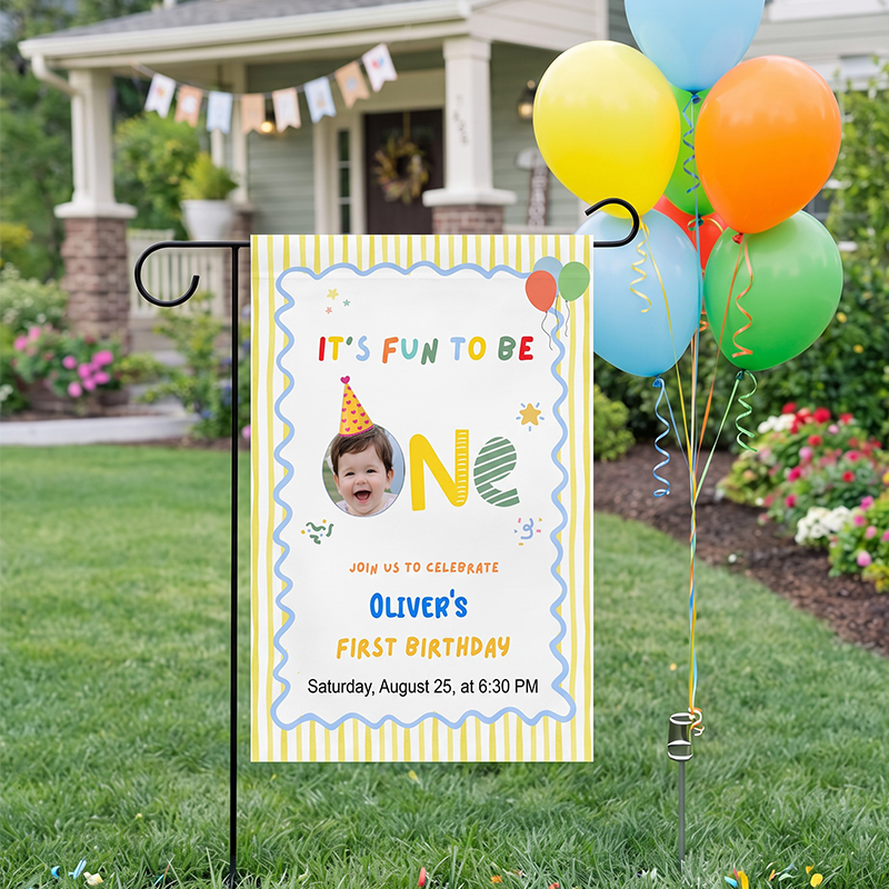 Personalized First Birthday Garden Flag, Personalized Photo & Event Details Yard Sign, Retro Groovy 1st Birthday Party Outdoor Decoration
