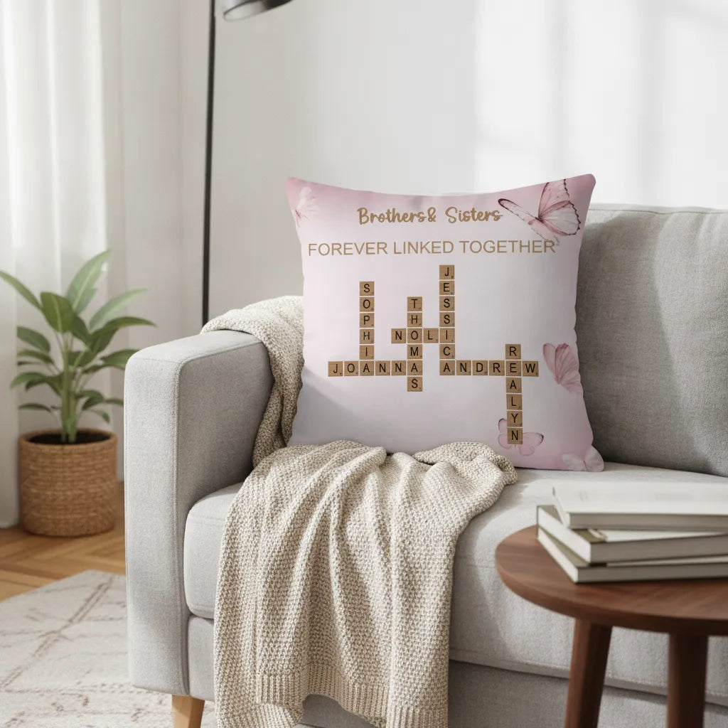 Personalized Forever Linked Together Crossword Art Pillow/Pillow Case - Unique Gift for Siblings, Family & Forever Connected Bond
