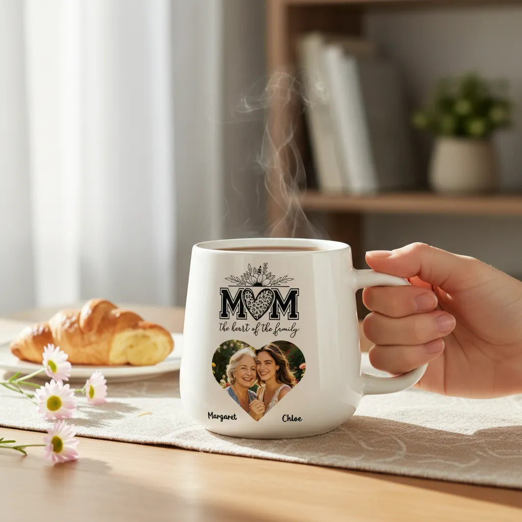 Personalized custom-made mother photo mug. Suitable as a precious gift for birthdays, Mother's Day or family gatherings