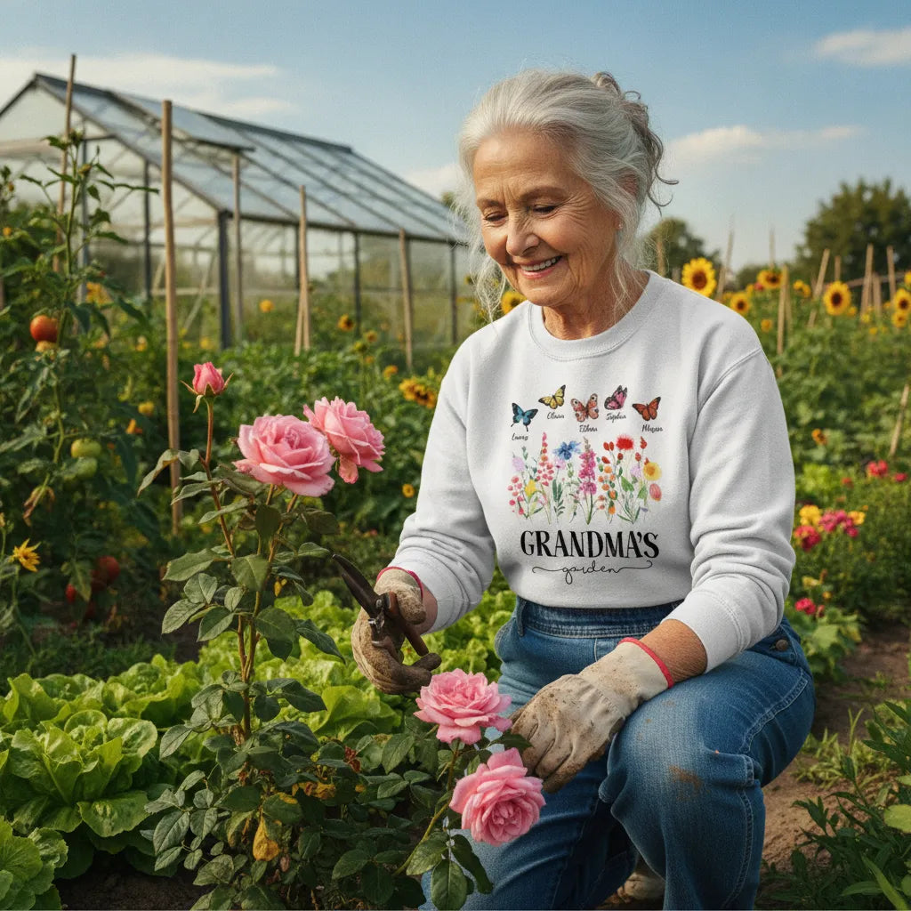 Cozy Floral "Grandma's Garden" Sweatshirt - Aesthetic Butterfly & Wildflower Crewneck, Heartwarming Gift for Grandma