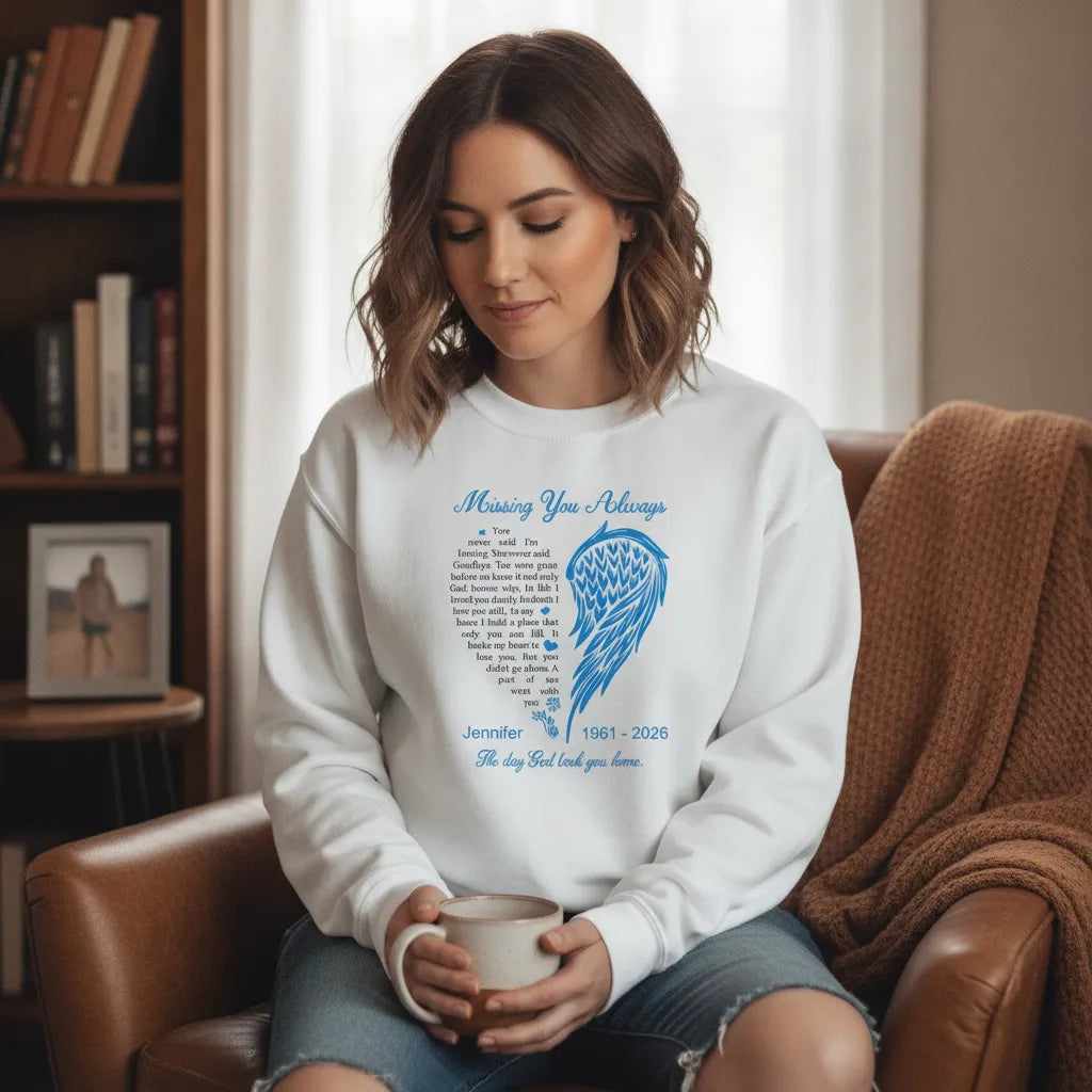 Custom Angel Wing Memorial T-Shirt, Personalized "Missing You Always" Sympathy Tee, Heartfelt Remembrance Gift for Loss of Loved One