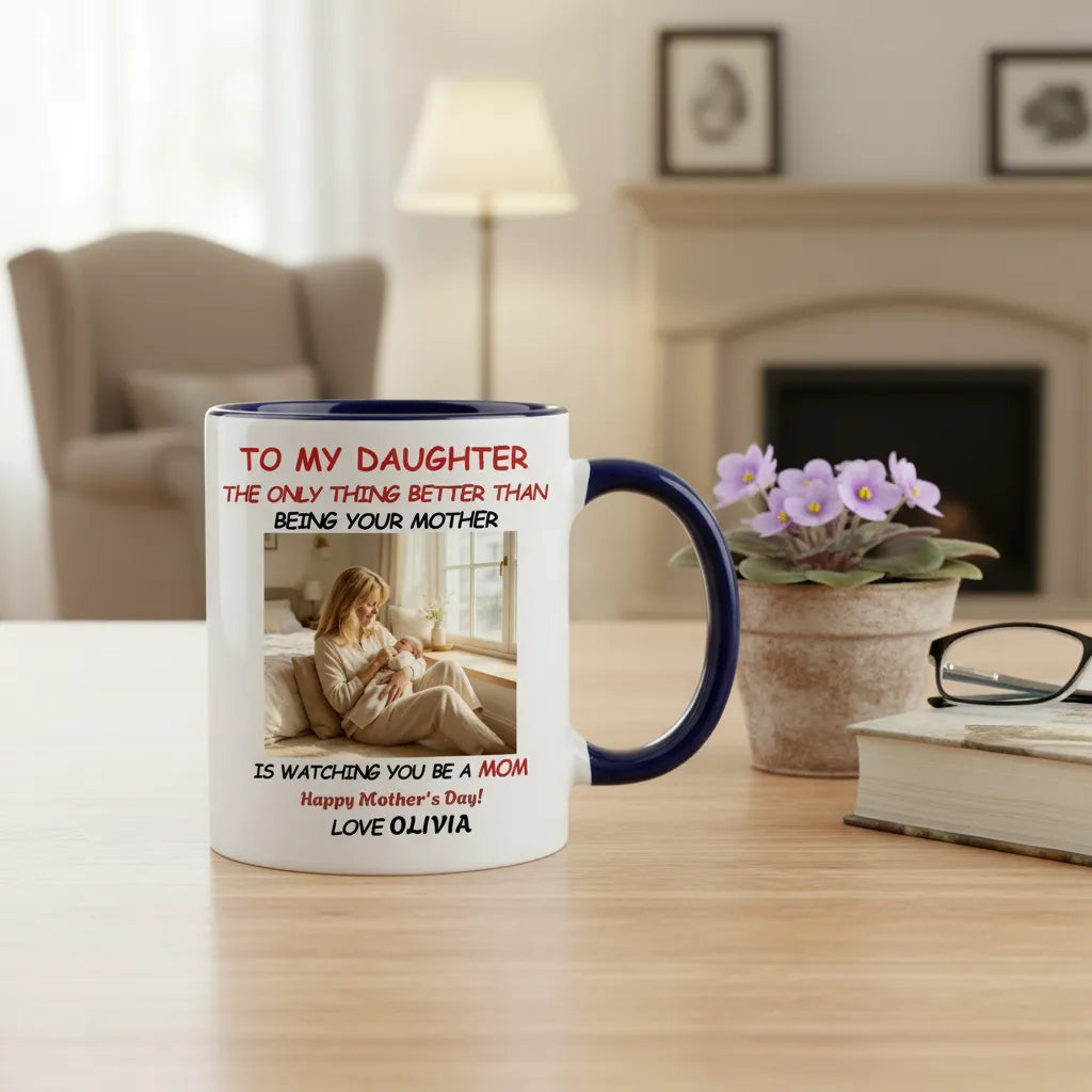 Personalized custom-made mugs featuring photos of new mothers, suitable for giving to your daughter before she becomes a new mom