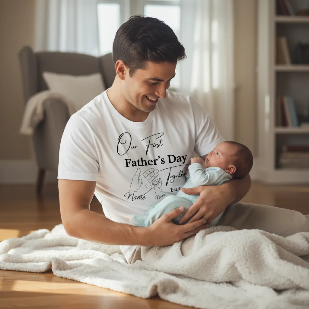 Customizable "Our First Father’s Day" Hand Print Shirt, Personalized Name & Year T-Shirt, The Ideal Gift For New Fathers