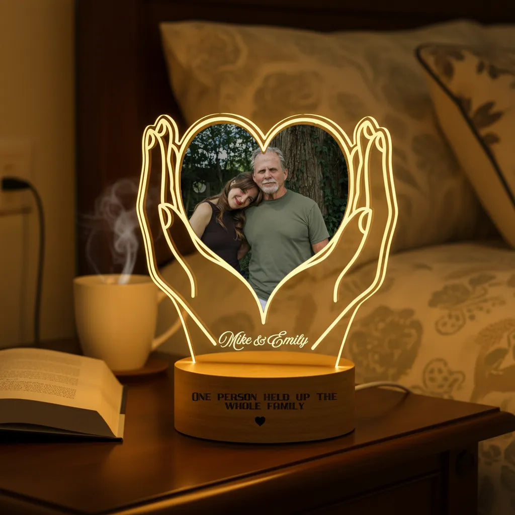 Personalized heart-shaped photo - 3D LED light wooden base, suitable for giving to fathers, couples, and on anniversaries