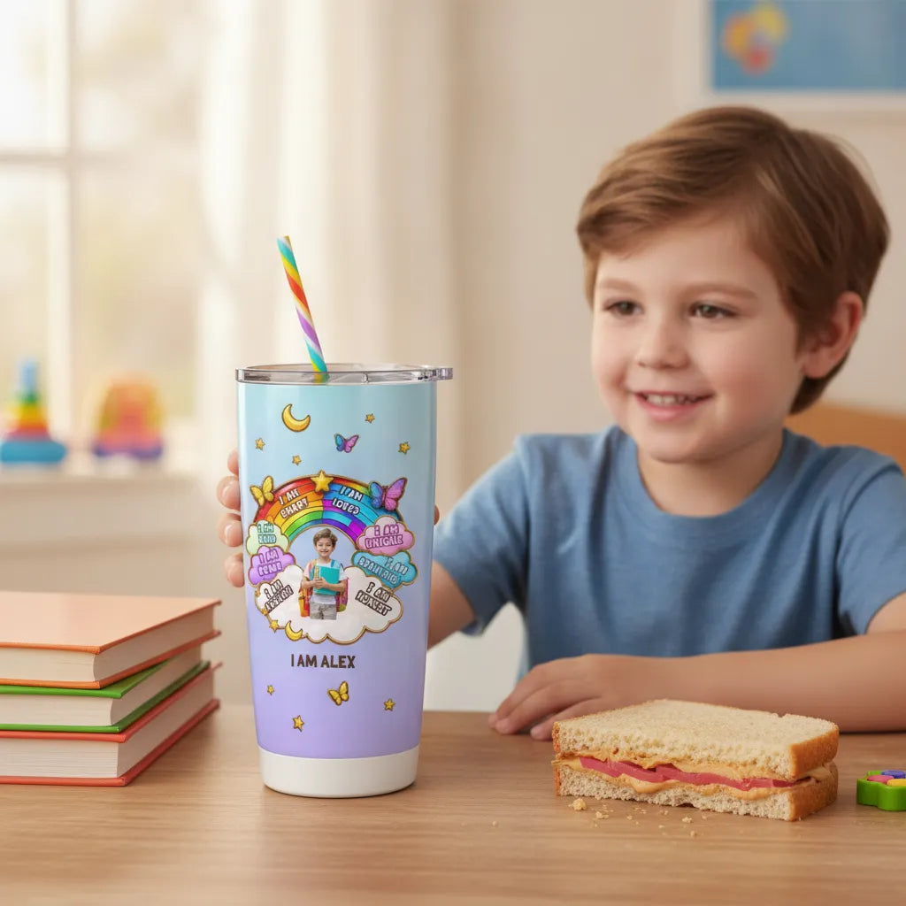 Personalized Positive Affirmation Pattern Design, Custom Photo & Name Insulated Tumbler Product, Perfect Gift For School-Age Kids