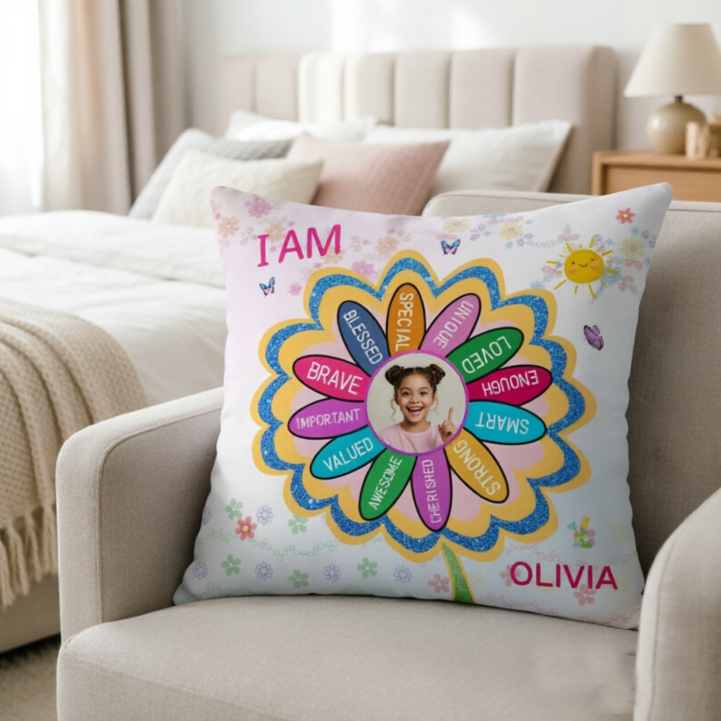 "I Am Important, Brave, Loved" — Personalized Custom Flower-Shaped Throw Pillows, Suitable For Children, Teenagers, And Families