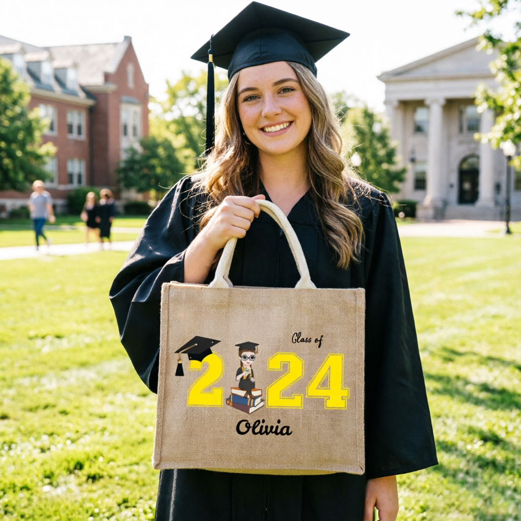 Personalized Jute Tote Bags, Custom With Portraits and Text, Suitable As Graduation Gifts, For Both Men and Women.