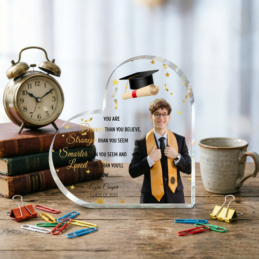 Custom Acrylic Heart-Shaped Ornaments and Personalized Graduation Photo Frames are Ideal Gifts For Graduates and Decorative Items For High School Or College Graduation Parties.