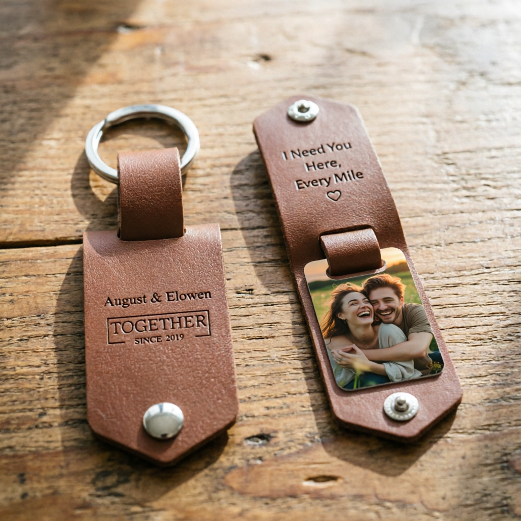Personalized Genuine Leather Keychain With The Message "Have a Safe Journey, I Need You by My Side," Suitable As a Couple's Gift Or an Anniversary Gift.