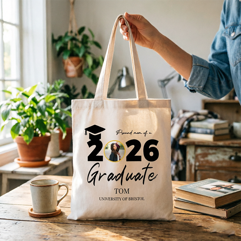 Customizable 2026 Graduate Tote Bag, Personalized Canvas Tote for Proud Mom of Graduate, Gift for Graduation Day, Family Member Name, School Name, Photo Upload