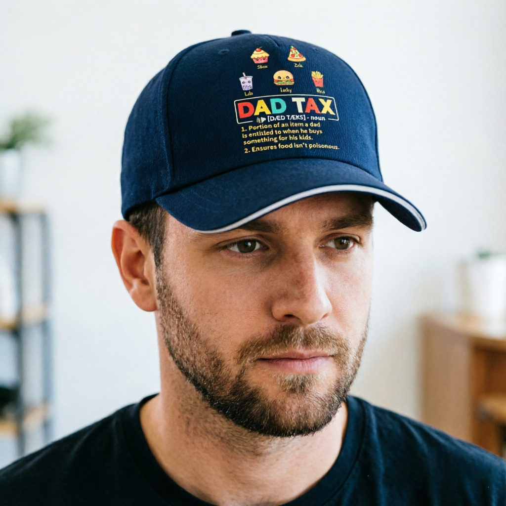Personalized Cotton Baseball Cap With A Cartoon Design Featuring Food and Tax Information; A Unique and Creative Gift For Dad, Perfect For Father's Day Or Birthday.