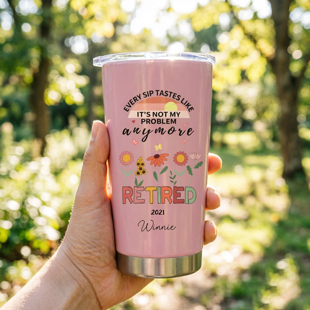 Personalized Stainless Steel Thermos With A Floral Sunset Design, Suitable For Retirees, Both Men and Women, a Fun Retirement Gift, Or a Present For Colleagues Or Friends.