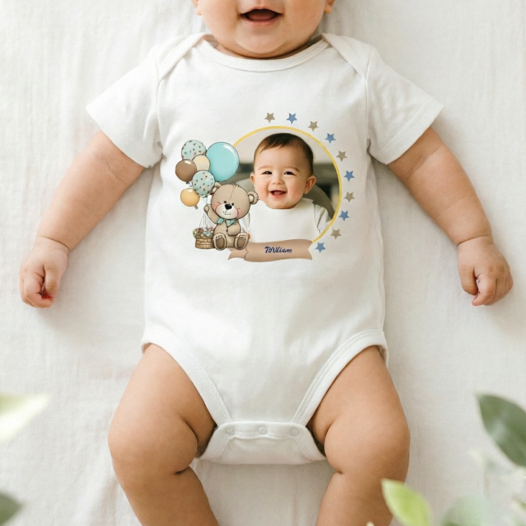 Custom Photo Baby Onesie – Personalized Name Baby Romper, Teddy Bear & Star Pattern Set, Suitable for Newborns
