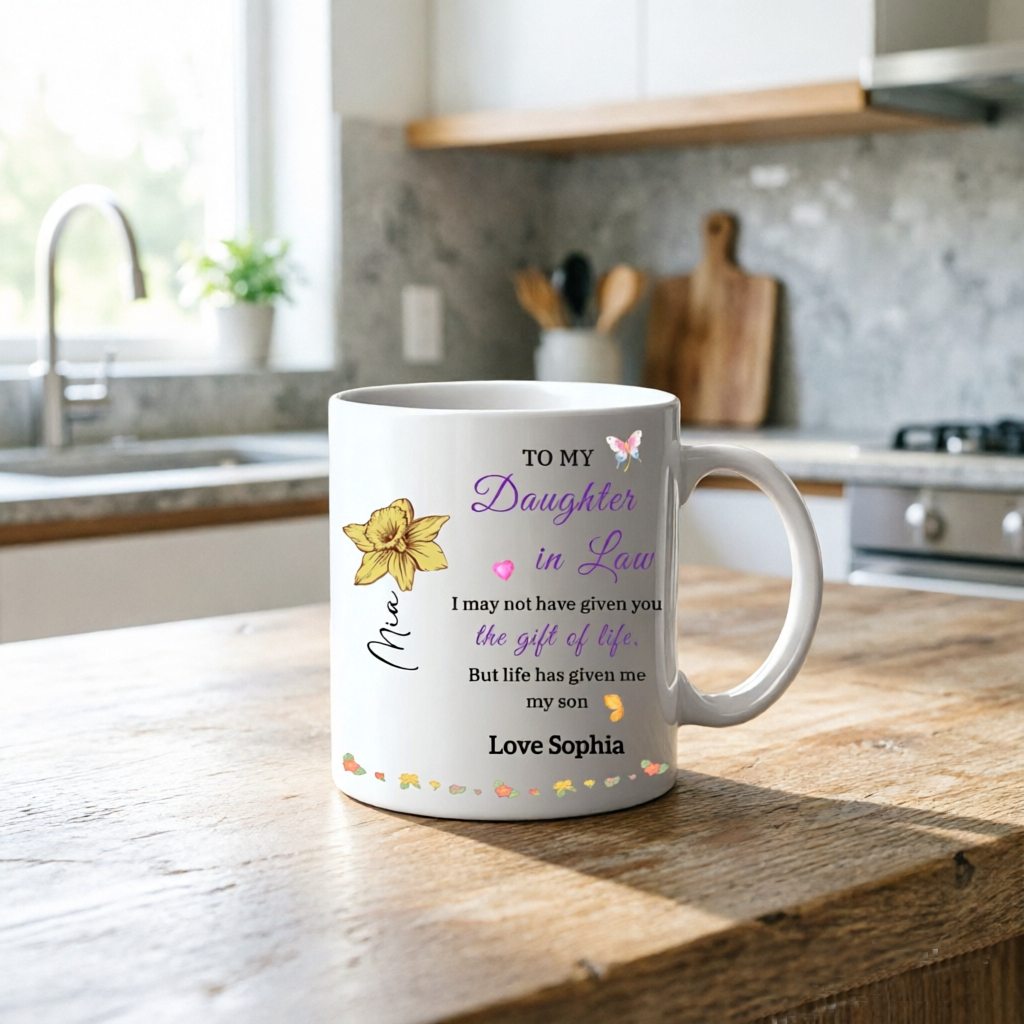Personalized White Mug – Custom Birth Month Flower Design; A Gift for a Daughter-in-Law from Her Mother-in-Law, Suitable for Weddings, Birthdays, or Christmas.