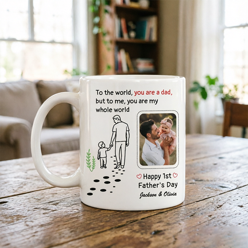 Personalized Photo Mugs With an illustration Of Dad and Child Holding Hands Are Perfect For Baby Parties, Gender Reveal Gifts, Or As a First Father's Day Present To Celebrate Dad's New Beginning.