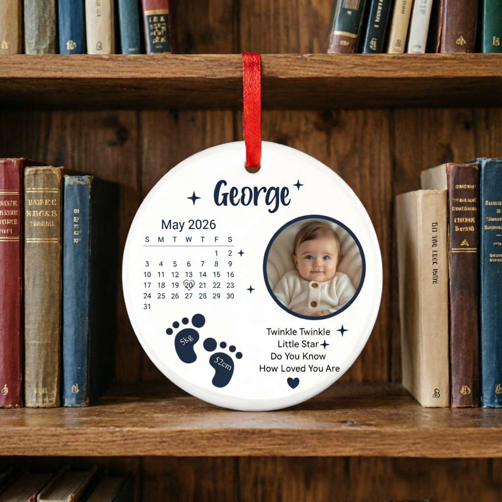Personalized Ceramic Baby Ornament, Custom Photo Calendar Birth Announcement Ornament for Newborn, Perfect Baby Shower Gift & Christmas Tree Decoration