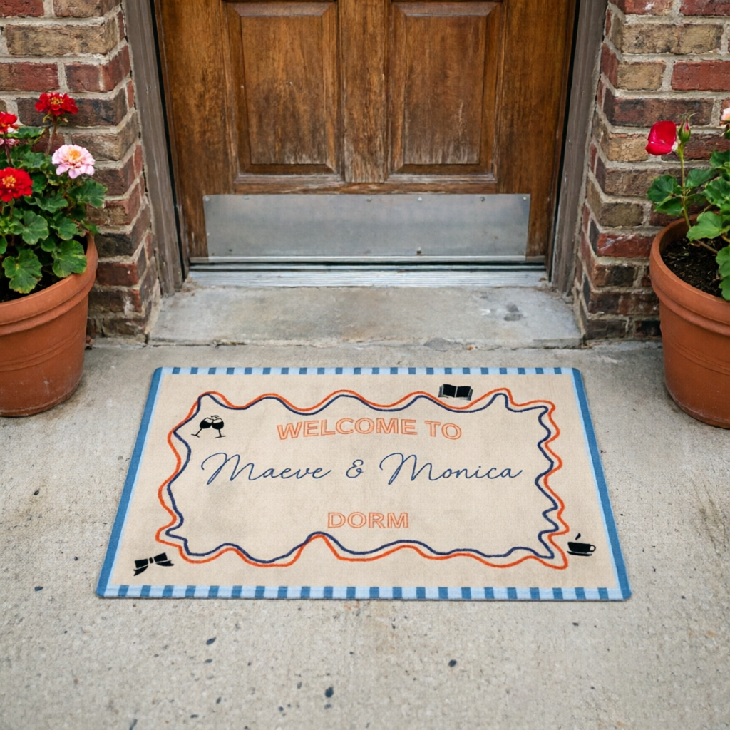 Personalized Door Mat — "Welcome To The Dorm" Custom Quote; A Welcoming Mat Perfect For College Dorms And An Ideal Gift For The Start Of The Semester Or Back-To-School Season.