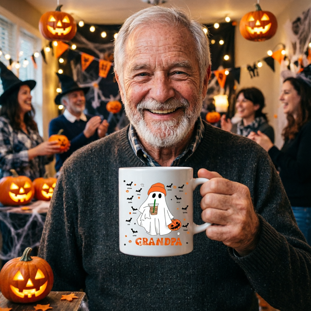 Personalized Halloween Ghost Coffee Mug, Custom Name & Member Count Ceramic Cup, Funny Gift for Mom, Dad, Grandparents, Trick or Treat Party Favor