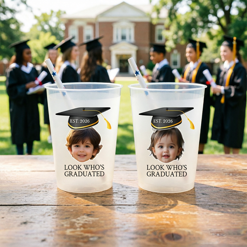 Personalized Frosted Plastic Mugs Printed With Childhood Photos—Unique Graduation Party Gifts For High School and College Graduates.
