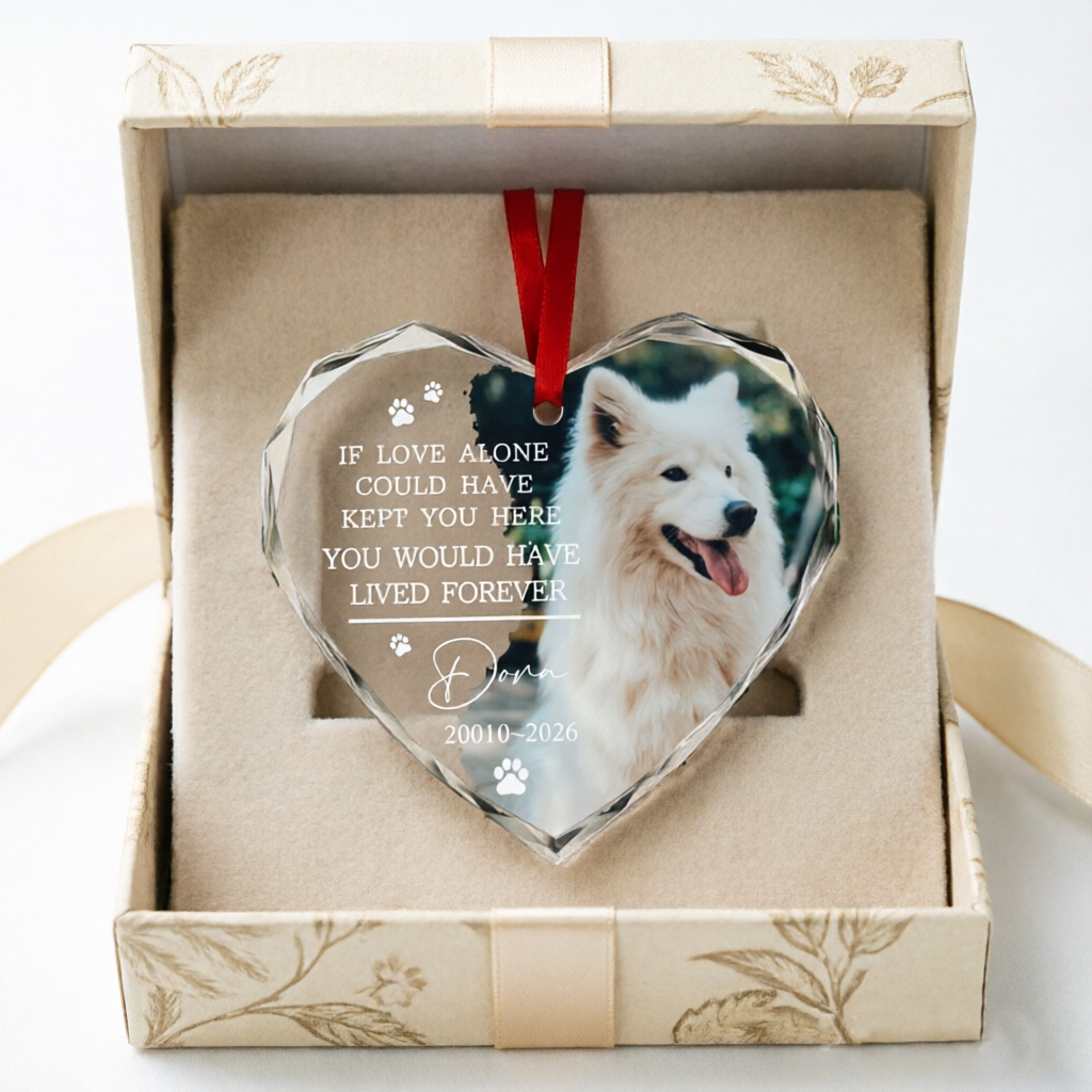 Crystal Heart Ornament, Personalized Photo Memorial Gift for Pet Loss, Remembrance Sympathy Gift for Christmas, Funeral, Birthday Tribute