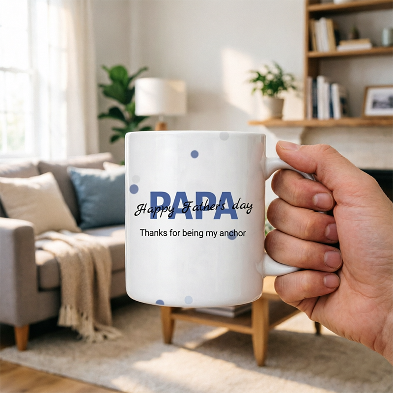 Personalized White Ceramic Mug With Father's Day Quotes Printed On It – The Perfect Gift For Dad.