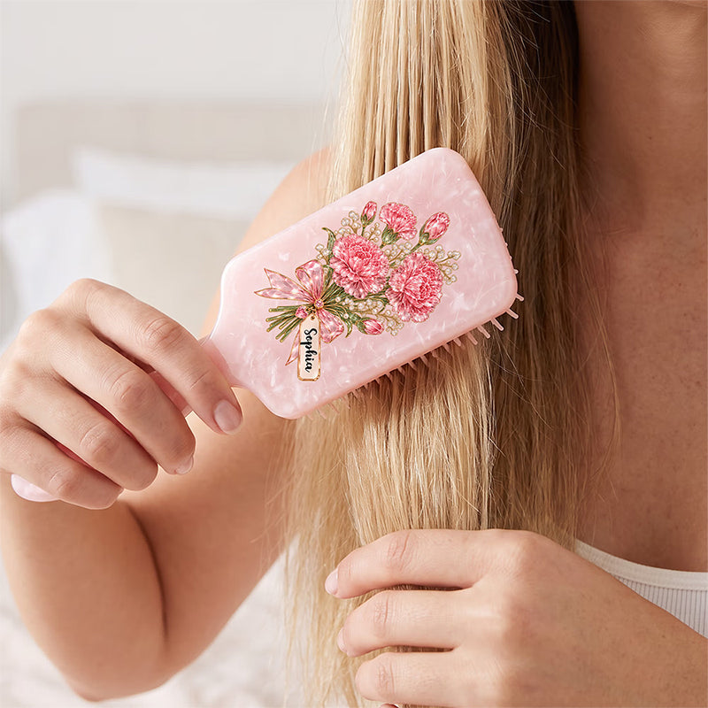 Personalized Gemstone Effect Birth Flower Hair Brush with Name Daily Use Anniversary Birthday Gift for Women Girls