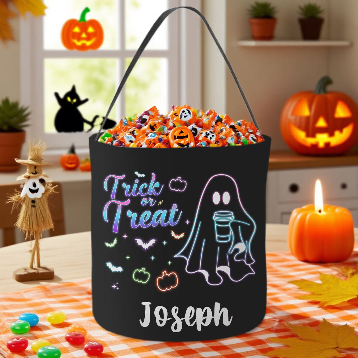 Personalized Trick or Treat Fluorescent Ghost Pumpkin Bat Reusable Candy Bucket with Name Halloween Party Favors Gift for Kids