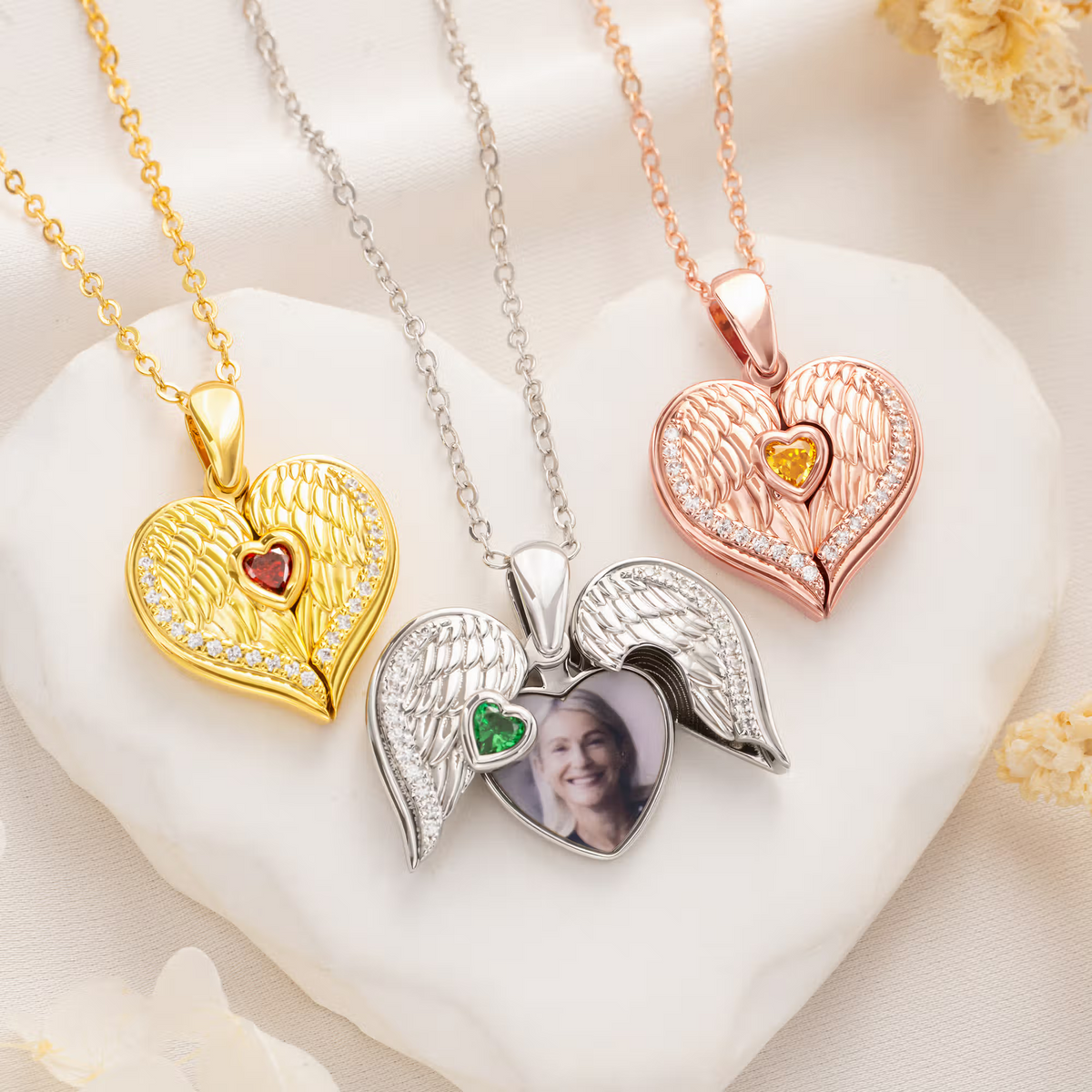 Personalized Angel Wings Heart Photo Birthstone Necklace with Zircon Dainty Jewelry Anniversary Birthday Memorial Gift for Women