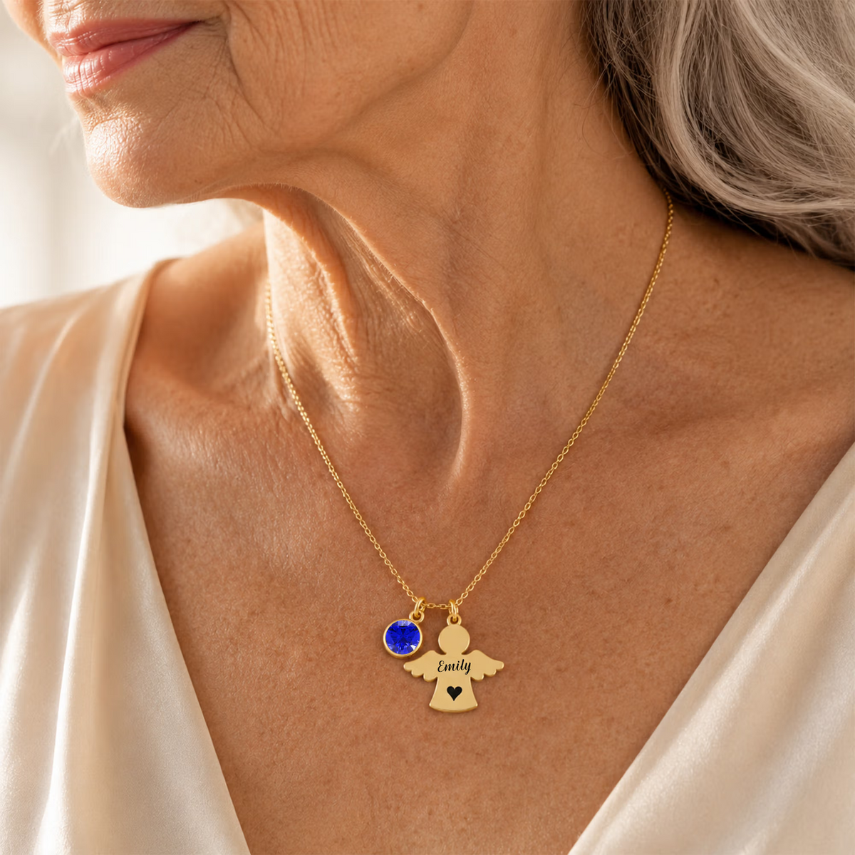 Personalized Heart Angel Birthstone Necklace with Name Memorial Jewelry Remember Anniversary Gift for Mom Grandma Woman