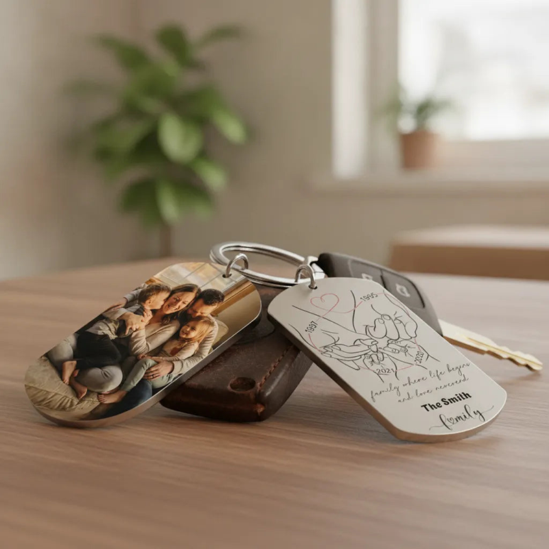 Personalized Family Photo Keychain - Custom Family Hand-in-Hand Stainless Steel Keyring - "Family Where Life Begins" Family Keepsake Gift