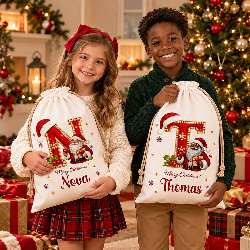 Personalized Merry Christmas Santa Claus Canvas Drawstring Gift Bag with Name and Initial Christmas Eve Party Gift for Kid