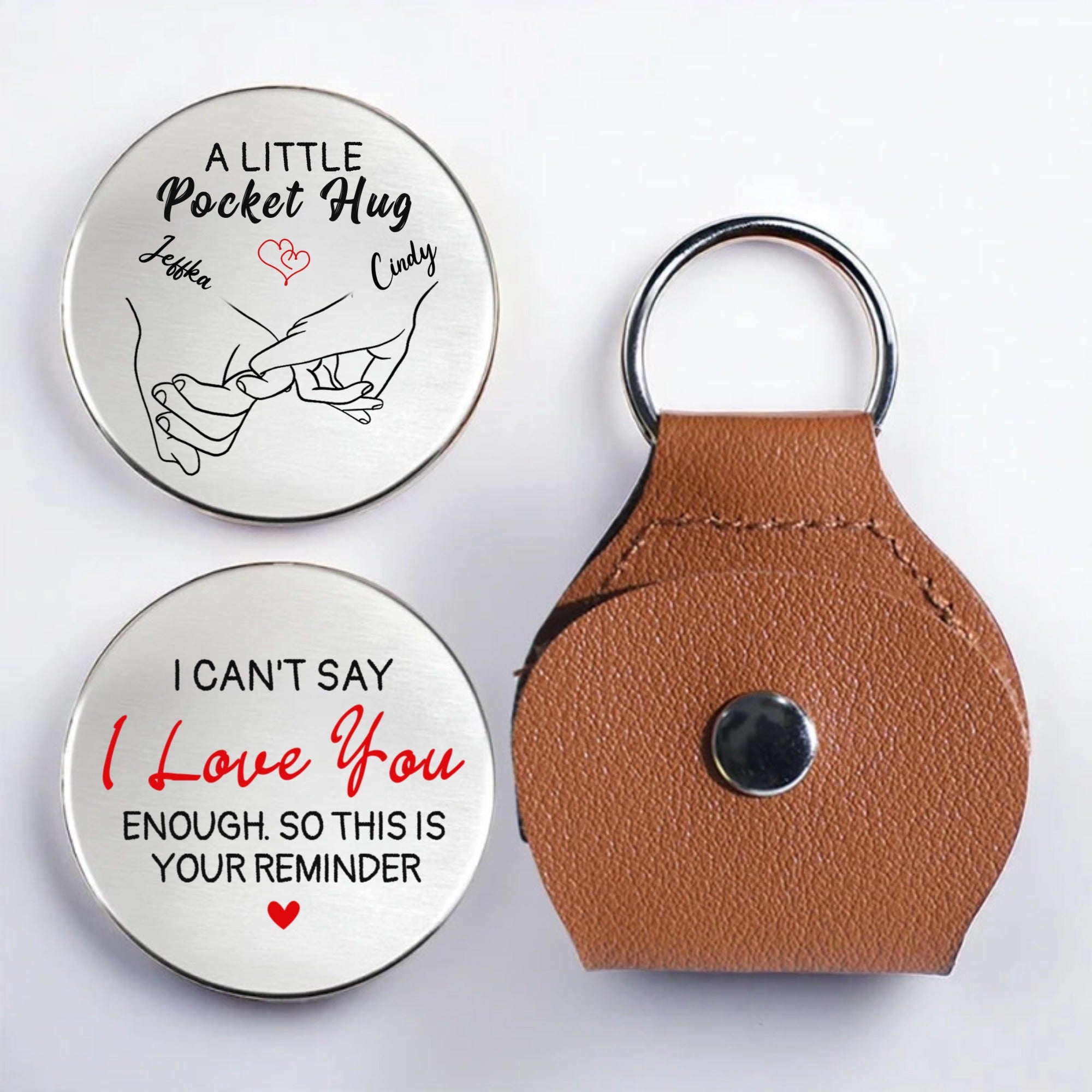 Personalized Leather Keychains, Custom-Engraved Stainless Steel Pocket Hugs—Perfect Gifts For Husbands And Wives, For Him And Her, Representing A Lifelong Commitment, Anniversaries, And Valentine's Day.